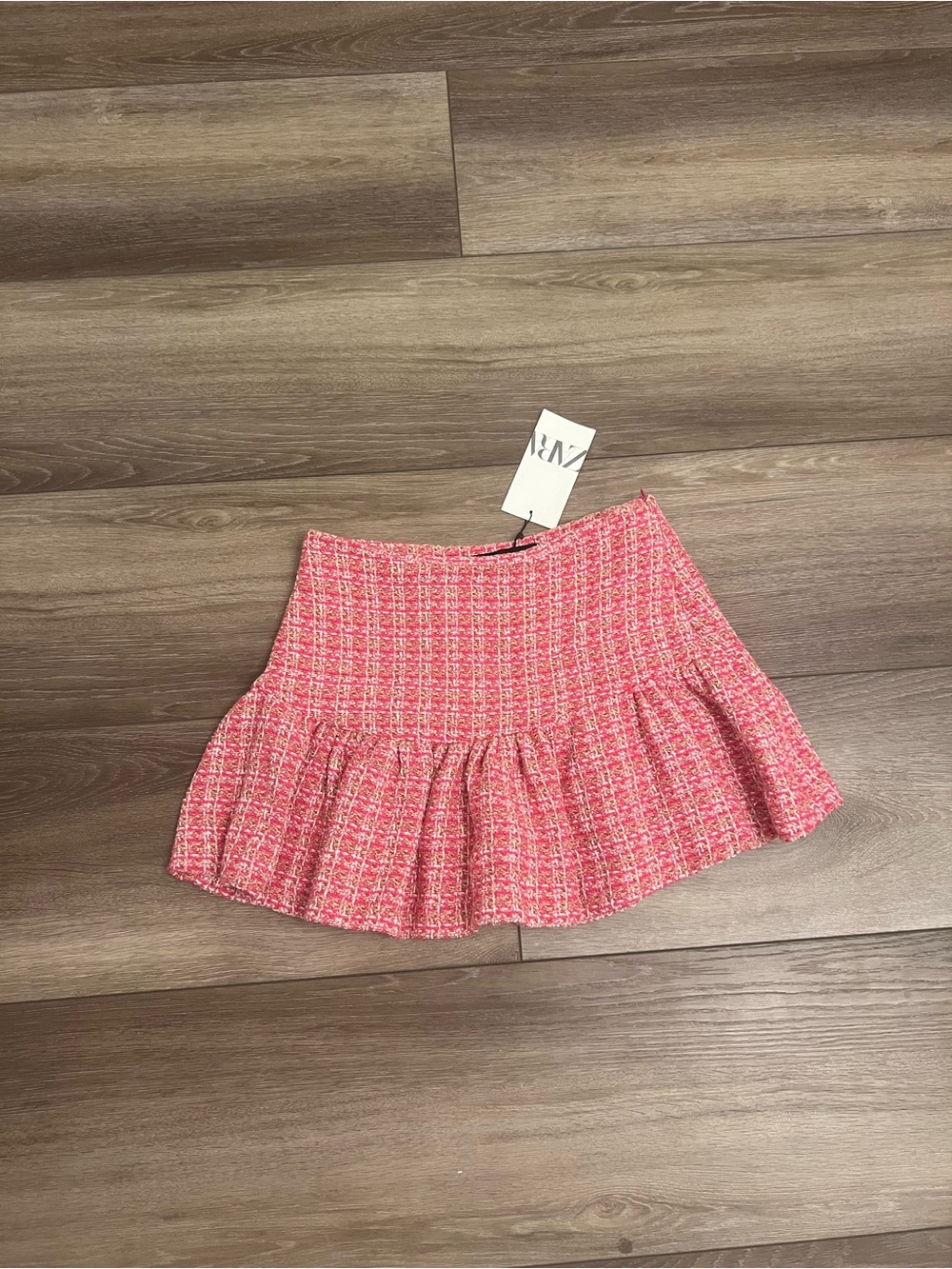 Zara Pink Tweed Mini Skirt with Flounced Hem
